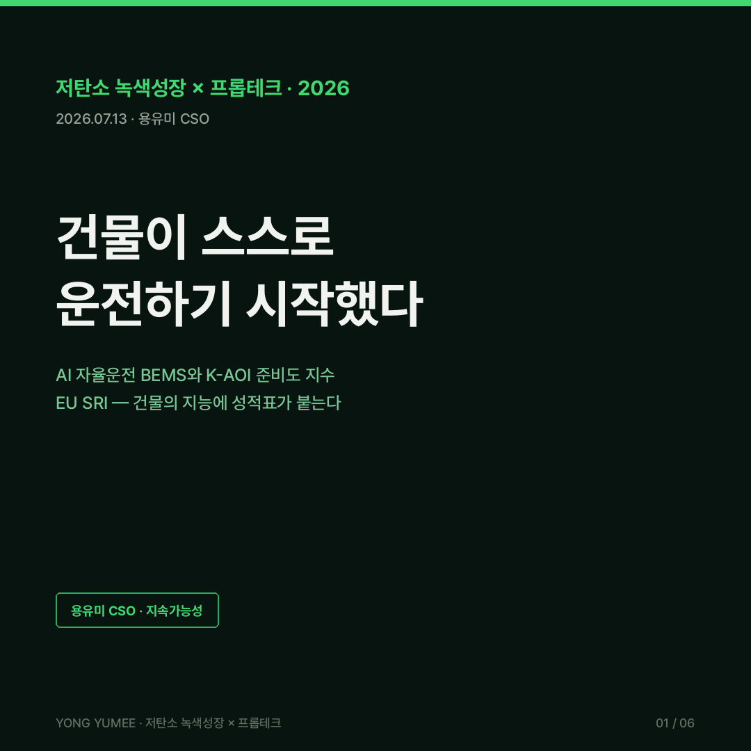 AI 자율운전 BEMS EU SRI 스마트준비도지표 EPBD 제15조 2027년 위임법 HVAC 290kW 글로벌 BEMS 시장 100억 2200만 달러 CAGR 11.19% 미국 DOE GEB 2030년 3배 한국EMS협회 BEMS AI 단체표준 iBEEMS 3.5단계 주인대리인 문제 그린리스 K-AOI Index 계측성숙도 부하유연성 제어가능성 계약정합성 저탄소 녹색성장 프롭테크 카드뉴스