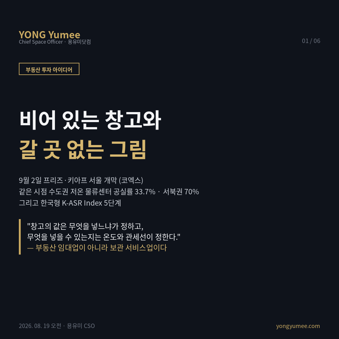 비어 있는 창고와 갈 곳 없는 그림   수장고(art storage)·프리포트 부동산과 K-ASR Index 5단계 K-ASR 수장고 자산화 지수 9월 2일 코엑스에서 프리즈 서울 30개국 125개 이상 갤러리 과 키아프 서울 18개국 175개 갤러리, 25주년 이 동시에 개막한다. 매년 이 며칠 동안 수천 점의 고가 미술품이 들어왔다 나가지만 '그 작품들이 페어 뒤 어디에 놓이는가'를 묻는 부동산 기사는 거의 없다. 같은 시점 수도권 저온 물류센터 공실률은 33.7%, 서북권은 70%다. 오늘의 발상은 이 두 문장을 잇는 것이다 비어 있는 항온 항습 창고와 놓일 곳이 필요한 고가 동산. 이론 수장고는 평당 임대료가 아니라 공간 크기별 연간 이용권으로 과금하는 보관 서비스업이며, 임대인의 수익은 면적이 아니라 보관의 품질에서 나온다. 그래서 같은 면적에서 물류창고보다 높은 단가가 성립한다. 글로벌 제네바 프리포트 약 15만㎡ 약 120만 점 미술 비중 약 40% 보관 가치 추정치는 비공개 시설 특성상 검증 불가 L3 , 르 프리포트 싱가포르 2010년 5월 창이공항 인근 개관 공항 인접이 입지의 제1 조건 , 더프리포트 서울은 인천국제공항 자유무역지역 스페이시스원 5~6층 8,909㎡ 약 2,970평 층고 10m로 대형 조각을 해체 없이 보관한다. 공통 문법 프리포트의 본질은 건물이 아니라 관세선의 위치다. 자유무역지역 안에 있는 동안 수입 통관되지 않아 관세 부가세가 유예되고, 작품이 국경을 실질적으로 넘지 않은 채 소유권만 이전되는 거래가 가능해진다. 국내 미술품 거래 규모 6,382억 원 +3.8% 이나 2022년 고점 8,065억 원 대비 약 −21%, 거래 작품 42,499점 −3.1% 으로 수량은 줄고 단가는 오르는 고가 편중 국면. 이 규모만으로 대형 수장고를 채우는 것은 불가능하며, 시계 주얼리 와인 명품과 미술관 소장품 과밀 기업 컬렉션까지 넓혀야 한다. 수요는 유량 거래액 이 아니라 저량 재고량 의 함수다. 서울옥션 아트 스토리지는 평창동 인사동 양주 장흥 에서 기존 3,208㎡에 3,534㎡ 신관을 더했다. K ASR 5단계 제도 FTZ 보세 지위, 없으면 그냥 비싼 창고 환경 20±2℃ 50±5%RH 무정전, 유효 층고 침수 결로 보안보험 습식 스프링클러는 화재보다 수침으로 작품을 잃게 한다 가스계 미분무가 보험 인수의 전제 접근 공항형 대 도심형은 다른 상품 수요 게이트. 반증 국내 시장 규모의 한계, 수도권 인천공항 축으로의 극단적 편중 지방 공실 창고에는 적용 불가 , 프리포트에 대한 국제적 자금세탁 조세투명성 규제 강화, 검증 불가한 추정치. 본지는 언급된 어떤 기업 시설과도 제휴 자문 관계가 없다. 창고의 값은 무엇을 넣느냐가 정하고, 무엇을 넣을 수 있는지는 온도와 관세선이 정한다 투자권유 아님 카드뉴스