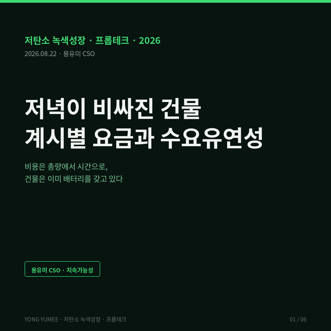 저녁이 비싸진 건물 계시별 요금 전환과 K-BDF Index 5단계 2026년 계시별 전기요금 개편 산업용 을 4월 16일 일반용 교육용 산업용 갑 II 6월 1일 낮 단가 인하 저녁 단가 인상 태양광 잉여 덕 커브 겨울 11월 2월 종전 시간대 유지 6개월 병행 고지 유리한 요금 자동 적용 주택용 스마트계량기 AMI 사전냉방 precooling 열 배터리 콘크리트 구조체 축열 빙축열 건물 ESS EV 충전 제어 BEMS 자동제어 미국 LBNL 로렌스버클리국립연구소 DOE 에너지부 GEB 계통연계 효율건물 Grid-Interactive Efficient Buildings 상업건물 피크부하 최대 30퍼센트 GSA 연방총무청 연간 5000만 달러 절감 회수기간 4년 미만 2030년 에너지효율 수요유연성 2020년 대비 3배 영국 NESO 수요유연성서비스 DFS Ofgem 승인 2026년 4월 9일 양방향 유연성 존별 조달 자기지명 베이스라인 최소 참여 1MW에서 0.1MW 누적 246만 EU EPBD 스마트준비지표 SRI 2026 신축 대수선 외부신호 응답 2027 의무 평가 검토 일본 재생에너지 출력제어 253억 kWh 사상 최대 1.25배 수요시프트 한국전력거래소 KPX 수요자원 거래시장 신뢰성DR 경제성DR 국민DR 2019년 11월 공공데이터포털 오픈API 제로에너지건축물 ZEB 그린리스 관리비 전가 K-BDF 요금노출 계량 가시성 물리적 여유 제어 자동화 계약 정합 5단계 저탄소 녹색성장 프롭테크 용유미 CSO 카드뉴스
