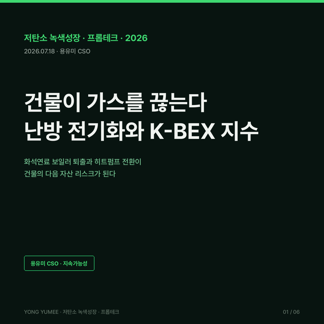 건물 전기화 난방 전기화 히트펌프 화석연료 보일러 퇴출 도시가스 종속 뉴욕주 올전기건축법 2025 12 31 신축 전기난방 2029 전면 NYC LL154 화석연소 금지 EU EPBD 단독 화석보일러 공적지원 종료 2040 보일러 퇴출 영국 미래주택표준 프랑스 RE2020 히트펌프 COP 전력망 탈탄소화 한국 2026 난방 전기화 원년 공기열 재생 인정 히트펌프 350만 대 518만t 감축 361억원 지원 요금제 개편 공동주택 전기화 법안 K-BEX Index 저탄소 녹색성장 프롭테크 카드뉴스