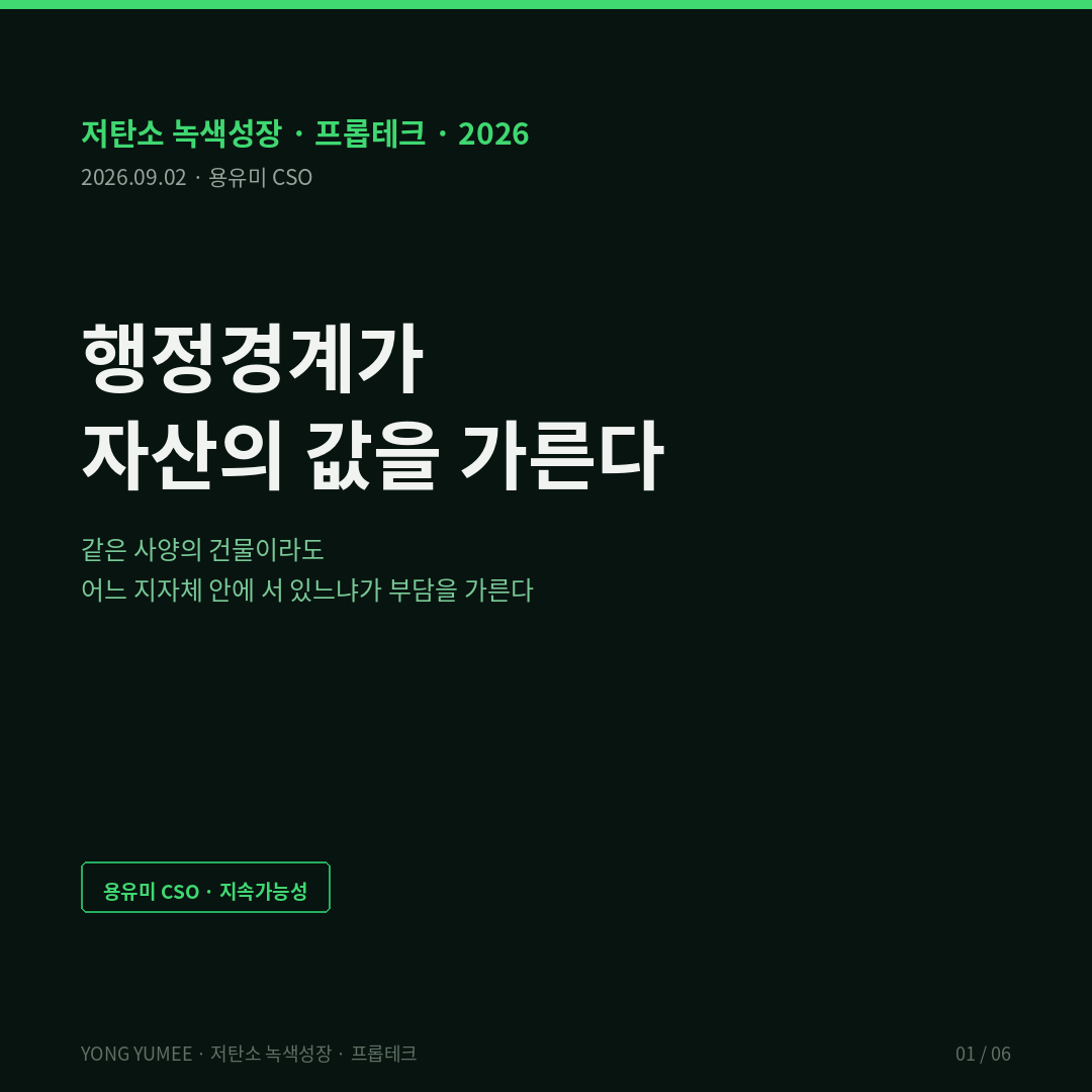 행정경계가 자산의 값을 가릅니다 건물 탄소규제의 지리학과 K-CRG Index 저탄소 녹색성장 프롭테크 서울시 건물 온실가스 총량제 표준배출기준 12개 유형 2017~2019 평균 의료시설 0.123 관광휴게 위락 0.114 위험물저장 0.095 숙박 0.093 근린생활 판매 0.080 문화 및 집회 0.065 공장 0.065 업무시설 0.060 기타 비주거 0.059 교육연구 노유자 0.047 자동차관련 창고 0.046 종교시설 0.032 tCO2 제곱미터 3.8배 격차 관리대상 공공 연면적 1000제곱미터 상업 3000제곱미터 약 1만 4천 동 5년 단위 목표 이행 컨설팅 배출허용량 부여 이행계획 수립 재정지원 평가 인센티브 서울시 탄소중립 녹색성장 기본계획 2033년 2567만톤 건물 부문 67퍼센트 저탄소건물지원센터 기후동행건물 건물 에너지 신고 등급제 뉴욕 Local Law 97 톤당 268달러 제곱피트당 월 0.50달러 보스턴 BERDO 2.0 3만5천 제곱피트 하루 1000달러 워싱턴DC BEPS 제곱피트당 10달러 100만 달러 1차 이행주기 2026 종료 도쿄 캡앤트레이드 Tokyo Cap-and-Trade FY2023 1132만톤 기준연도 대비 31퍼센트 감축 4차 이행기간 사무용 50퍼센트 미국 건물성능기준 BPS 40곳 이상 규제 지리학 regulatory geography 규제 차익 regulatory arbitrage 국토교통부 건축HUB 건물에너지정보 오픈API 공공데이터포털 15135963 지번 단위 월별 전기 가스 사용량 그린투게더 한국부동산원 건축물 에너지 온실가스 정보체계 지자체 탄소중립 녹색성장 기본계획 17개 광역 부산 건물부문 56.9퍼센트 감축 K-CRG Index 5게이트 관할 문턱 기준선 원단위 경로 실사 듀딜리전스 용도변경 연면적 문턱 용유미 CSO UAM KoreaTech 한남투자포럼 투자권유 아님 카드뉴스