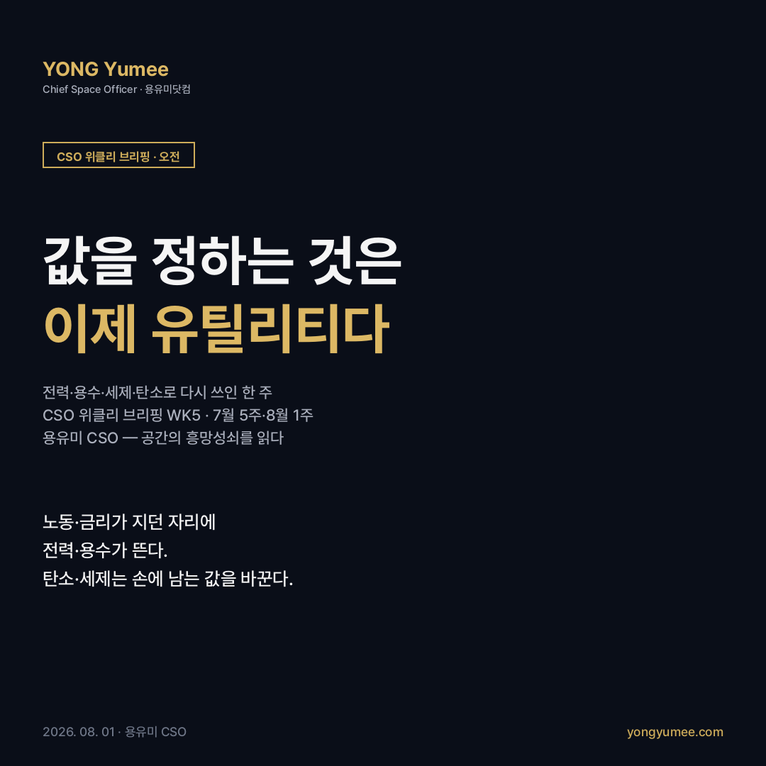 CSO 위클리 브리핑 카드뉴스 WK5 7월 5주 8월 1주 값을 정하는 유틸리티 전력 용수 세제 탄소 데이터센터 계통 K-DCP 무인공장 K-LOF 반도체 용수 K-FWL 전과정탄소 K-WLC 유산취득세 K-IHT 유휴 국공유지 K-IPL 용유미 CSO