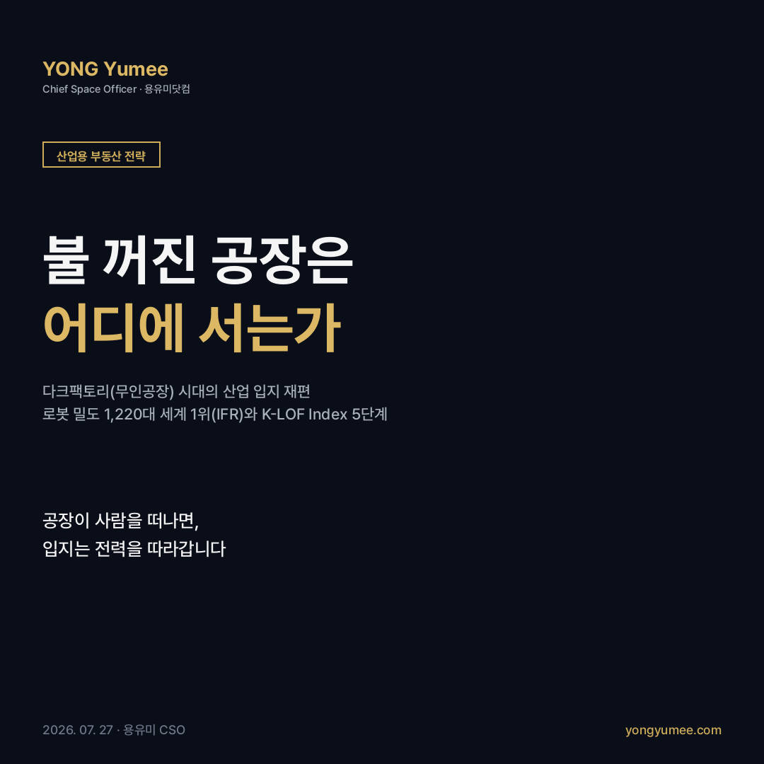 다크팩토리 무인공장 카드뉴스 로봇 밀도 1220대 세계 1위 IFR 샤오미 창핑 연 1000만대 화낙 로봇이 로봇을 만든다 필립스 드라흐텐 무인 리쇼어링 AI 팩토리 100억 2.5조 전력 데이터 물류 산업단지 K-LOF 지수 산업용 부동산 전략