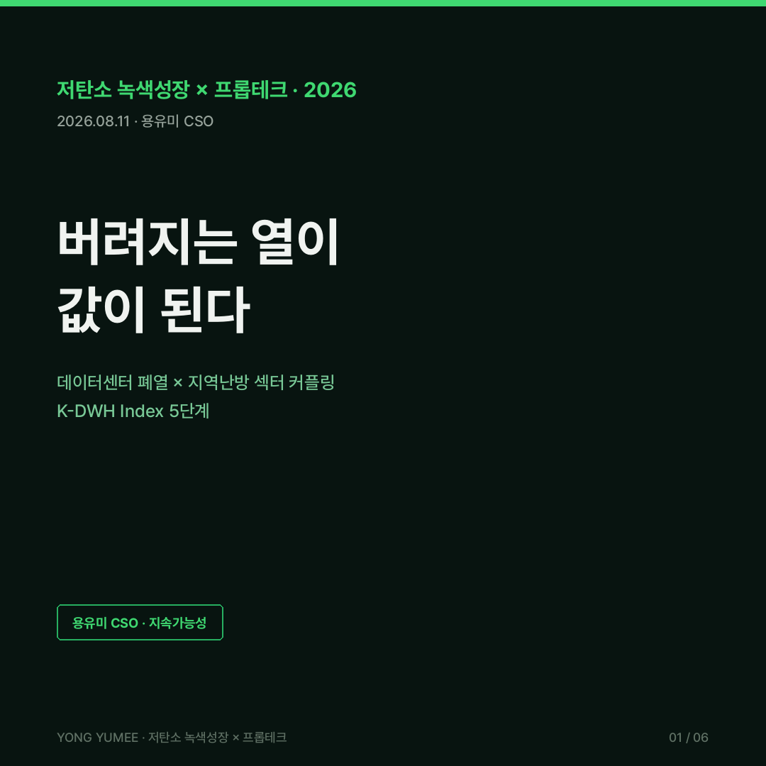 버려지는 열이 값이 된다 데이터센터 폐열 지역난방 섹터 커플링 K-DWH Index 5단계 국내 데이터센터 146개소 수도권 58.9% 86개소 전력소비용량 1742MW 중 70.1% 1220MW 수도권 집중 한국전력 전기사용 예정통지 466개소 32263MW EU 에너지효율지침 EED 1MW 초과 폐열회수 의무 독일 EnEfG 에너지재사용률 ERF 10% 2026년 7월 15% 2027년 20% 2028년 덴마크 오덴세 165000MWh 11000가구 스웨덴 스톡홀름 Exergi Open District Heating 온도연동 표준계약 히트펌프 액침냉각 흡착식 히트펌프 한국지역난방공사 고양 삼송 집단에너지 미활용열 PUE 열 판매계약 스마트팜 저탄소 녹색성장 프롭테크 용유미 CSO