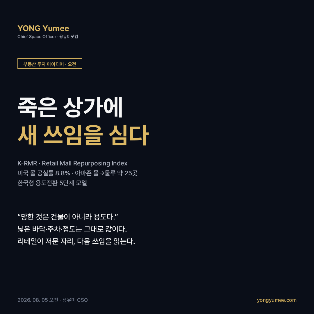 죽은 상가 데드몰 공실 리테일 용도전환 카드뉴스 미국 몰 공실률 8.8% 2026 약 1200개 몰 2028 900개 아마존 풀필먼트센터 25곳 배턴루지 녹스빌 클리블랜드 우스터 메디컬 몰 외래 클리닉 주거 전환 mixed-use 적응적 재사용 그레이필드 라스트마일 마이크로 풀필먼트 최유효이용 한국부동산원 중대형 상가 공실 생활SOC 구분소유 K-RMR 지수 부동산 투자 아이디어