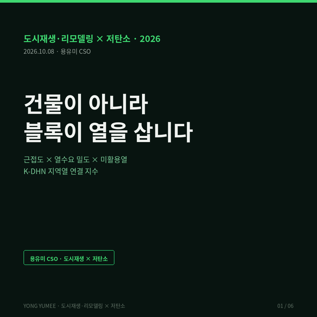 건물이 아니라 블록이 열을 삽니다 — 노후 구도심 그린리모델링과 지역열 네트워크, 공공 오픈 API로 읽는 K-DHN 지수 도시재생 리모델링 저탄소 그린리모델링 지역난방 열네트워크 덴마크 독일 열계획법 네트워크 외부성 Katz Shapiro 1985 건축HUB V-World K-DHN 지역열 연결 지수 반증 조건 가장 약한 고리 면책 투자권유 아님 용유미 CSO 카드뉴스