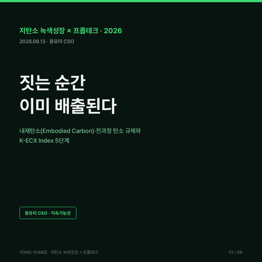 짓는 순간 이미 배출된다 내재탄소 embodied carbon 전과정 탄소 규제 K-ECX Index 5단계 EU EPBD 2024/1275 2028년 신축 1000제곱미터 초과 2030년 전체 신축 전과정 온난화잠재력 GWP 에너지성능인증서 EPC 기재 덴마크 전과정 탄소 한계값 2023 도입 2025년 7월 강화 북유럽 에스토니아 2026 탄소신고 의무 네덜란드 MPG 환경성능지표 환경성적표지 EPD 저탄소제품 인증 녹색건축인증 G-SEED 누적 2만8000건 준공면적 35% ZEB 5등급 의무화 탄소저감 조강형 콘크리트 최대 54% 저감 카드뉴스