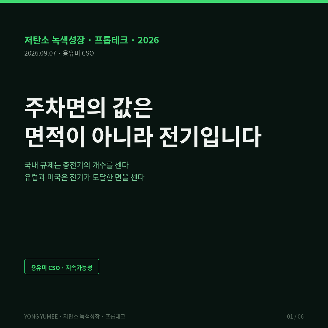 주차면의 값은 면적이 아니라 전기입니다 충전 인프라 의무와 K-EVX 지수 저탄소 녹색성장 프롭테크 전기차 충전기 EV 충전 인프라 충전시설 의무설치 친환경자동차법 환경친화적 자동차법 시행령 신축 5퍼센트 기축 2퍼센트 100세대 이상 공동주택 500세대 기준일 2022년 1월 28일 이행강제금 3000만원 전기차 등록 1095218대 2026년 6월 전체 4.1퍼센트 충전기 40만기 충전기 1기당 1.8대 급속 16대당 1기 EV-Ready 사전배선 pre-cabling 케이블 경로 cable route 수전 계약전력 최대수요전력 변압기 증설 수전설비 장기수선충당금 EU 개정 EPBD EPBD IV Directive 2024/1275 전환시한 2026년 5월 29일 신축 비주거 5면당 1기 20퍼센트 기축 10면당 1기 사전배선 50퍼센트 2027년 1월 1일 주차면 20면 초과 영국 Approved Document S 승인문서 S 2022년 6월 적용 신축 주택 1호당 1기 최소 7kW 잉글랜드 미국 캘리포니아 CALGreen 2025 그린빌딩표준규정 2026년 1월 1일 시행 배정 주차면 100퍼센트 EV-Ready 저출력 레벨2 20A 공용 미배정 25퍼센트 정격 레벨2 40A 60A 지하주차장 충전율 90퍼센트 제한 서울시 공동주택 관리규약 준칙 인천 청라 화재 급속충전기 80퍼센트 상한 조달청 지상 설치 원칙 무공해차 통합누리집 ev.or.kr 공공데이터포털 오픈API 전기자동차 충전소 정보 급속충전기 보급현황 15059812 건축HUB 건축물대장 15134735 국토교통부 통계누리 실물옵션 real option 옵션가치 행사가격 수전 용량 선착순 배분 좌초자산 비선형 대응비용 비용의 집단화 편익의 개별화 관리단 갈등 K-EVX Index 5게이트 용량 배선 위치 배분 부담 Capacity Cabling Location Allocation Incidence 한남동 이태원 고급주거 주차면 상품성 용유미 CSO UAM KoreaTech 한남투자포럼 투자권유 아님 카드뉴스