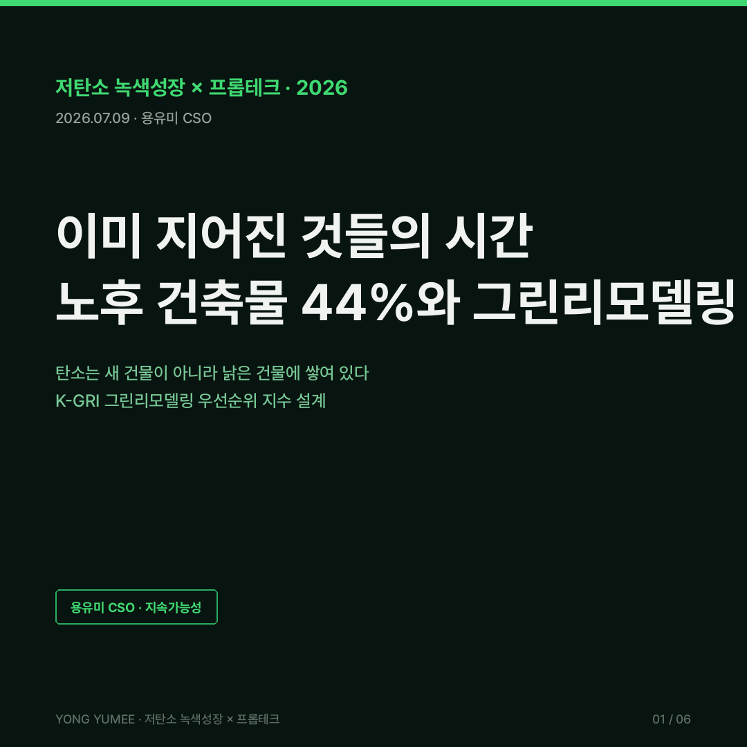 그린리모델링 노후 건축물 44.4% 주거 53.8% 그린리모델링 이자지원사업 재개 2026 국토부 기본 4.5% 최대 5.5% 무료 컨설팅 공공건축물 261곳 건물 온실가스 서울 67% 총량제 전면 확대 EU EPBD MEPS 최저에너지성능기준 최악 16% 비주거 2030 국가건물리노베이션계획 좌초자산 한국부동산원 건축물 에너지 온실가스 정보체계 K-GRI 그린리모델링 우선순위 지수 저탄소 녹색성장 프롭테크 카드뉴스