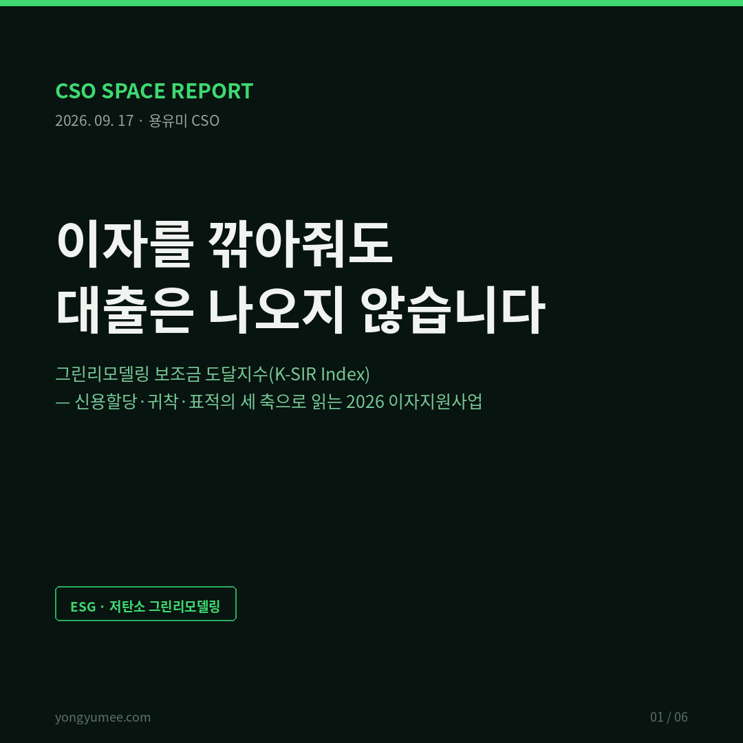 이자를 깎아줘도 대출은 나오지 않습니다 그린리모델링 보조금 도달지수 K-SIR Index 도시재생 리모델링 저탄소 그린리모델링 2026년 3월 17일 민간건축물 그린리모델링 이자지원사업 3년 만에 재개 국토교통부 공고 2026-876호 기본 이자지원율 4.0퍼센트에서 4.5퍼센트 상향 에너지 성능개선 비율 높거나 차상위계층 다자녀 고령자 신혼부부 최대 5.5퍼센트 비주거 대형 지원한도 50억원에서 200억원 4배 확대 총사업비 80억원 이차보전금 국비 100퍼센트 무료 컨설팅 신설 컨설팅 수행 사업자 공개 모집 녹색건축물 조성 지원법 제27조 이자지원금 수취인은 국토교통부에서 은행 사업확인서 발급받아도 신용도 압류 가등기에 따라 대출 제약 선착순 접수 예산 소진 시 종료 스티글리츠 와이스 1981 신용할당 credit rationing 역선택 정보 비대칭 이자율은 신용시장을 청산하지 못한다 은행은 금리 대신 수량을 자른다 보조금 귀착 incidence 공급 비탄력 시공 단가 전가 금융 스프레드 표적 targeting 영국 그린딜 Green Deal 황금률 Golden Rule 이자율 6.96퍼센트 가구 침투율 약 1퍼센트 2015년 종료 독일 KfW BEG 261 상환보조금 Tilgungszuschuss 성능 입증 시 원금 탕감 Effizienzhaus 미국 C-PACE 재산세 부과금 상환 저당권 선순위 assessment lien 40개 주 누적 약 130억 달러 2025년 EU EPBD 2024 Directive 2024 1275 에너지 빈곤 취약가구 성능 하위 43퍼센트 건물에서 개선분 55퍼센트 이상 사회영향 모니터링 전국 30년 이상 노후 건축물 44.4퍼센트 지방 47.1퍼센트 수도권 37.7퍼센트 주거용 53.8퍼센트 건축물 742만동 에너지바우처 2026년 약 130만 7천 가구 295200원 701300원 계절 구분 폐지 등유 LPG 추가 K-SIR 산식 도달률 R 곱하기 귀착률 A 곱하기 표적률 T 곱하기 100 기준선 100 단독주택 차상위 35 공동주택 창호 42 비주거 중소 40 비주거 대형 38 병목의 위치가 구간마다 다르다 GR-Reach 도달 가능성 사전판정 엔진 건축물대장 정보서비스 공공데이터포털 한국에너지공단 건물에너지 사용량 녹색건축포털 그린투게더 국토부 실거래가 공개시스템 오픈 API V-World 공간정보 서울 열린데이터광장 노후기간별 주택현황 개선여력 높음 조달가능성 낮음 구간 도시재생 뉴딜사업 지구 우선 선정 지자체 BRP 중복 지원 조정 반증 조건 Kill-criteria 대출 실행률 90퍼센트 비주거 대형 집행 20퍼센트 미만 단가 차이 3퍼센트 차상위 우대 비중 상승 가장 약한 고리 사업확인서 대비 대출 실행 건수 공개 통계 없음 실측 불가 L3 면책 투자권유 아님 용유미 CSO