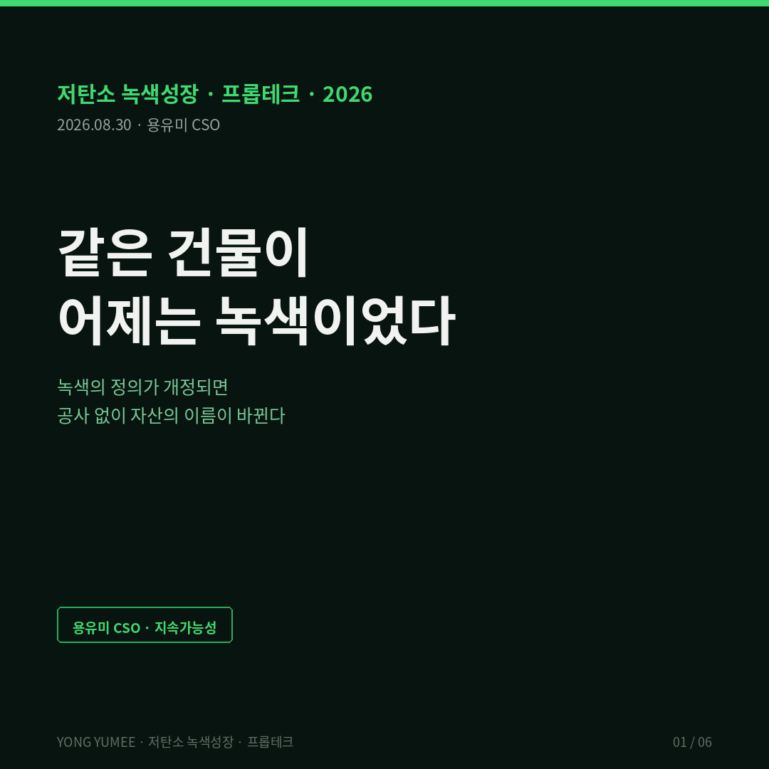 같은 건물이 어제는 녹색이었습니다 녹색분류체계 개정과 K-GBE Index 5단계 한국형 녹색분류체계 K-Taxonomy 개정 2026년 1월 1일 적용 녹색경제활동 84개에서 100개 확대 재생에너지 세분화 히트펌프 정보통신기술 ICT 신설 임업 산림 탄소흡수원 기후변화 적응 4개 분야 세분화 6대 환경목표 온실가스 감축 기후변화 적응 물의 지속가능한 보전 순환경제 전환 오염방지 관리 생물다양성 보전 녹색채권 녹색여신 도시 건물 분야 녹색건축물 인정기준 상향 국제 친환경 건축 인증 LEED 추가 인정 글로벌 자본 유입 기반 G-SEED 녹색건축인증 건축물 에너지효율등급 제로에너지건축물 ZEB 5등급 의무화 2025년 12월 민간 연면적 1000제곱미터 이상 신축 30세대 이상 공동주택 2030년 500제곱미터 확대 EU 택소노미 EU Taxonomy Regulation 2020/852 건물 취득 보유 acquisition and ownership of buildings 2021년 이전 준공 EPC A등급 에너지성능인증서 국가 건물 스톡 상위 15% top 15% 1차 에너지수요 상대평가 분포 기준 기술선별기준 TSC DNSH 2026년 3월 17일 개정 초안 4월 14일 의견수렴 유럽 녹색채권 표준 European Green Bond Standard EuGB Regulation 2023/2631 조달자금 최소 85% 택소노미 정렬 배분 15% 유연성 국내 녹색채권 누적 발행액 41조 6000억원 2025년 10월 말 2018~2020년 3조원 2021~2025년 40조 6000억원 13배 131억 달러 세계 13위 아시아 2위 전체 채권 발행 비중 1.8% 주요국 평균 4.0% 한국은행 절차 간소화 그리니엄 한국거래소 SRI채권 ESG채권 녹색금융포털 공공데이터포털 한국환경산업기술원 환경책임투자 녹색기업 녹색채권 발행 현황 국토교통부 건축HUB 건물에너지정보 오픈API 한국부동산원 녹색건축 인증 검토 한국에너지공단 제로에너지건축물 통합 인증시스템 좌초자산 stranded asset CRREM 브라운 디스카운트 그린 프리미엄 성능 마진 재분류 K-GBE Index 5단계 측정 게이트 인증 게이트 분류 게이트 자금 게이트 유지 게이트 듀딜리전스 실사 체크리스트 상업용 부동산 프라임 오피스 저탄소 녹색성장 프롭테크 용유미 CSO 카드뉴스