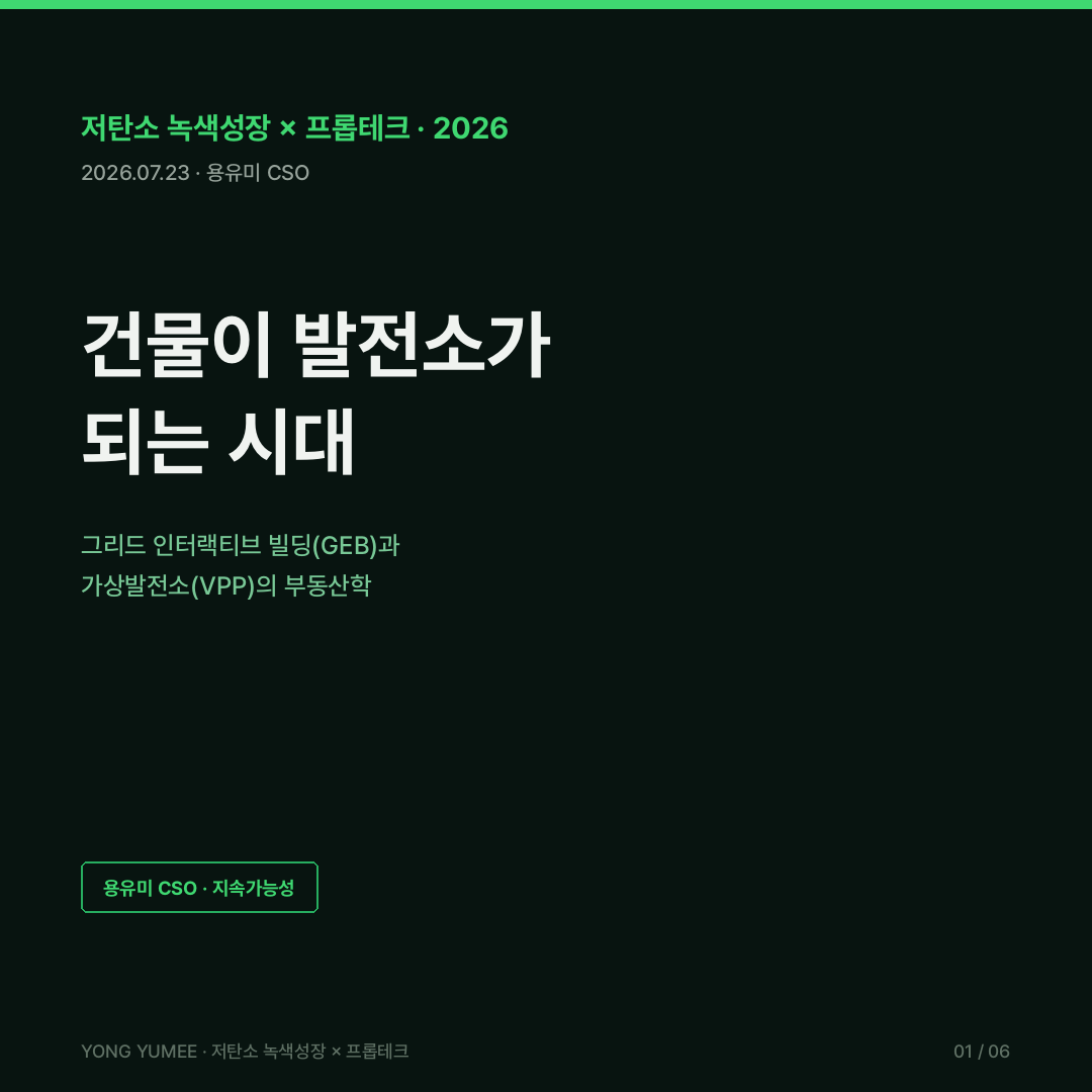 그리드 인터랙티브 빌딩 GEB 가상발전소 VPP 수요반응 DR 국민DR 분산에너지 활성화 특별법 통합발전소 BEMS ESS V2B 스마트준비지표 SRI EPBD DOE 80~160GW 연 100억달러 호주 SA VPP 5만 가구 제주 VPP 실증 K-GIB 그리드 인터랙티브 빌딩 준비도 지수 건물이 발전소가 되는 시대 저탄소 녹색성장 프롭테크 카드뉴스