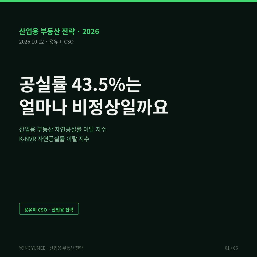공실률 43.5%는 얼마나 비정상일까요 — 산업용 부동산의 자연공실률 이탈 지수 (K-NVR Index) 지식산업센터 물류센터 공실률 자연공실률 탐색 이론 JLL CBRE CoStar K-NVR 반증 조건 가장 약한 고리 면책 투자권유 아님 카드뉴스