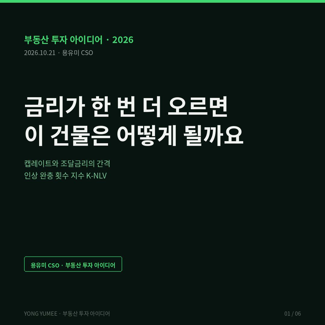 금리가 한 번 더 오르면 이 건물은 어떻게 될까요 — 캡레이트와 조달금리의 간격, 인상 완충 횟수 지수 (K-NLV Index) 부동산 투자 네거티브 레버리지 캡레이트 오피스 대출금리 총 조달비용 기준금리 인상 차환 리스크 한국은행 ECOS 상업용 부동산 임대동향조사 K-NLV 인상 완충 횟수 반증 조건 가장 약한 고리 면책 투자권유 아님 용유미 CSO 카드뉴스