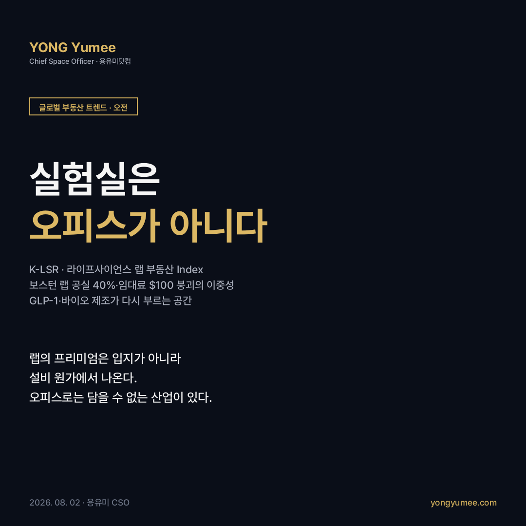 라이프사이언스 랩 부동산 카드뉴스 wet lab 보스턴 케임브리지 공실 41.7% 임대료 100달러 GLP-1 바이오 제조 리쇼어링 2700억 송도 마곡 오송 판교 층고 바닥하중 급배기 정제수 K-LSR 지수 글로벌 부동산 트렌드