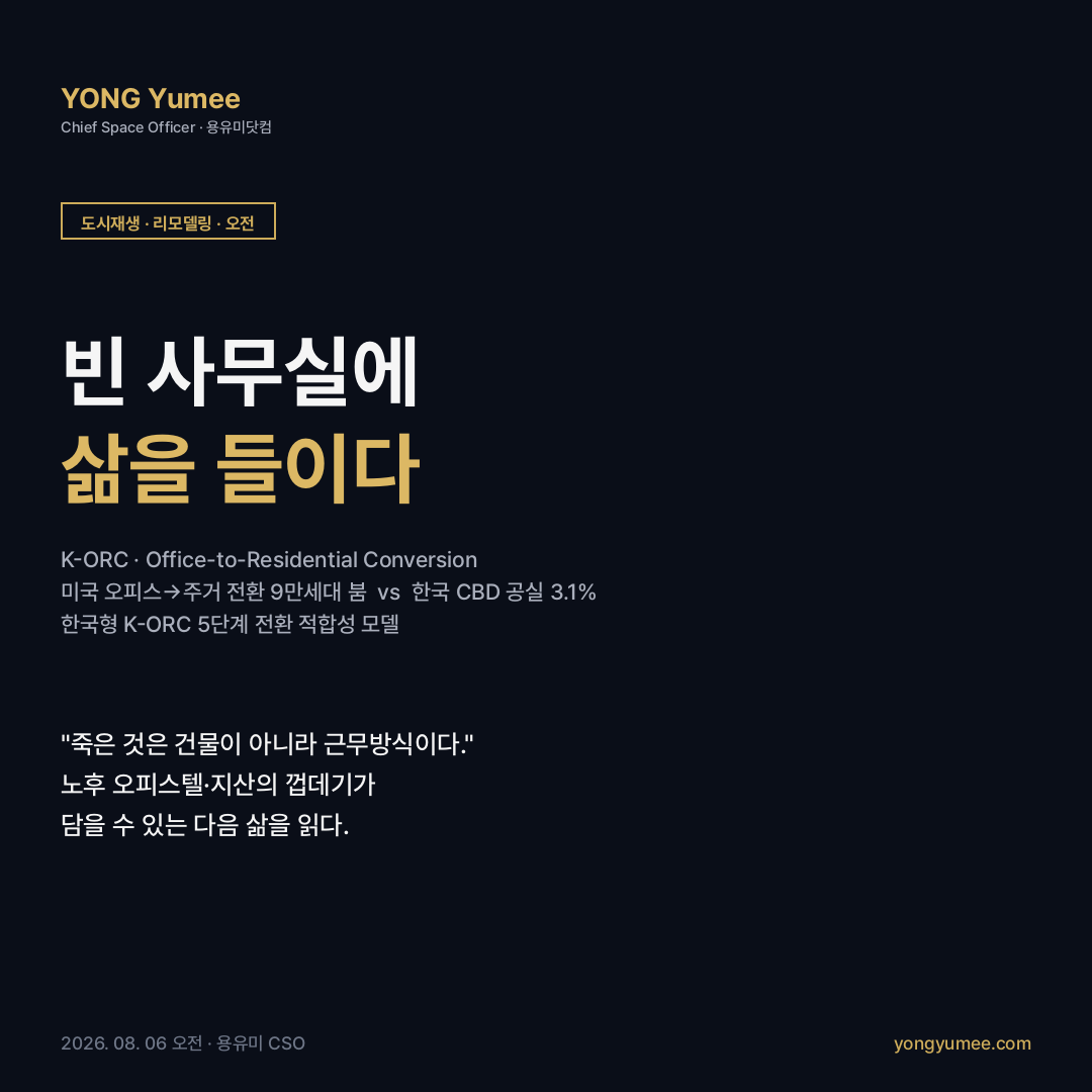 빈 사무실 도심 노후 오피스 주거 전환 카드뉴스 office to residential conversion 미국 오피스 공실률 20% 맨해튼 22.3% 전환 파이프라인 9만300세대 28% 증가 290% 뉴욕 16358 워싱턴 8479 시카고 4360세대 착수면적 4.1msf 467-m 세제 35년 전환 촉진 프로그램 서울 CBD 공실률 3.1% 상가 업무시설 용도 변경 지원 방안 오피스텔 지식산업센터 15미터 채광 룰 판상형 용도변경 집합건물 구분소유 적응적 재사용 K-ORC 지수 도시재생 리모델링