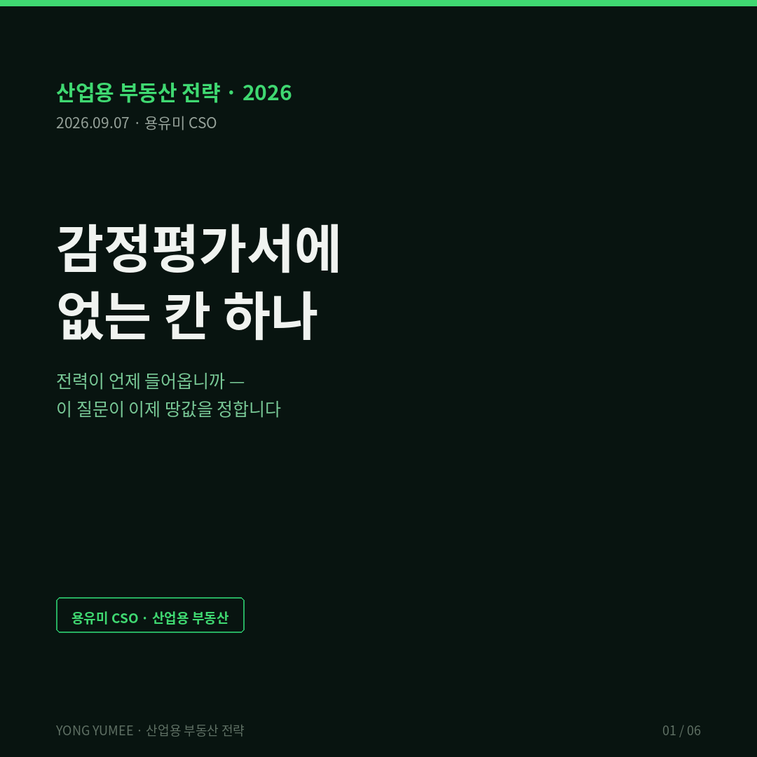 대기표가 땅값을 정합니다 산업용지의 새 가격표 K-PQI Index 산업용 부동산 전략 데이터센터 입지 전력계통영향평가 분산에너지 활성화 특별법 2024년 6월 시행 기후에너지환경부 운영규정 행정예고 2026년 6월 누적 신청 전력 6만3846MW 결과 확정 5만4263MW 공급 가능 3만2949MW 60.7퍼센트 공급 불가 2만1314MW 39.3퍼센트 결과 미확정 9583MW 수도권 집중 지방 AIDC 전력평가 병목 10GW 수도권엔 전기가 없고 지방엔 고객이 없다 ERCOT 대용량 부하 대기열 410GW 데이터센터 87퍼센트 2026년 1분기 198GW PJM 개편 첫 사이클 811건 220GW 미국 전체 대기열 2600GW 평균 대기 5년 2008년 2년 미만 2차 대도시권 이동 아일랜드 더블린 모라토리엄 해제 CRU 대용량 수용가 접속 정책 자가발전 배터리 전량 커버 의무 싱가포르 DC-CFA2 200MW 배분 녹색 전원 50퍼센트 2026년 3월 31일 마감 폰 튀넨 고립국 모형 리카도 차액지대론 접근성 지대 실물옵션 real option Titman 1985 K-PQI Index 전력 대기열 지수 P1 대기 P2 확률 P3 자립 P4 규제 P5 잔여 PQI = p 곱하기 1 더하기 i 의 마이너스 Q 나누기 12 승 전력 확보 부지 프리미엄 107퍼센트 자가발전 ESS 분산전원 온사이트 전원 변전소 잔여 용량 송전선로 전력 조서 실사 공급 불가 부지 용도 전환 저온물류 스마트팜 경량 제조 도심형 물류 용유미 CSO UAM KoreaTech 한남투자포럼 투자권유 아님 카드뉴스