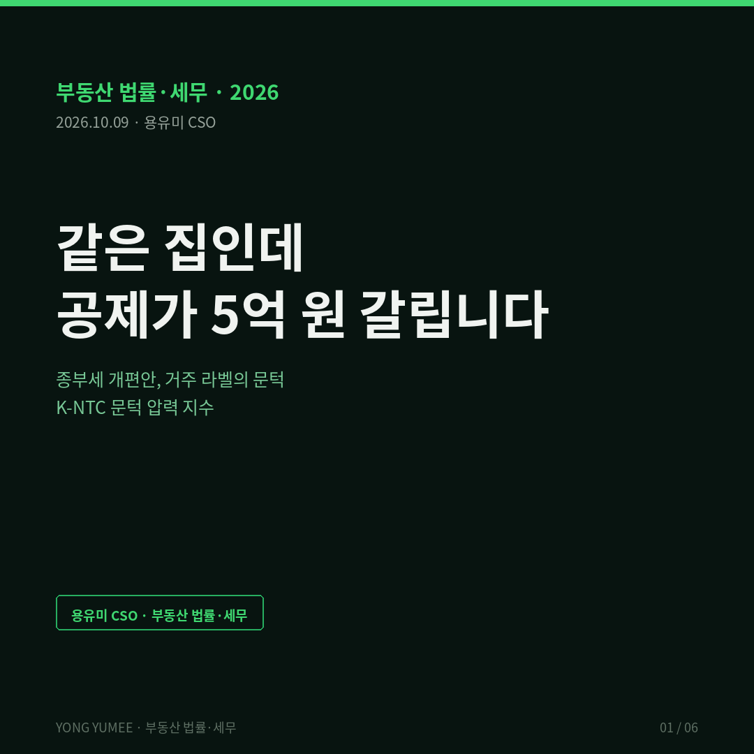 같은 집인데 공제가 5억 원 갈립니다 — 종부세 개편안, 거주 라벨이 만드는 문턱 압력 지수 (K-NTC Index) 종부세 개편 2026 세제개편안 기본공제 거주 비거주 문턱 효과 Best Kleven 2018 공정시장가액비율 K-NTC 문턱 압력 지수 반증 조건 가장 약한 고리 면책 투자권유 아님 용유미 CSO 카드뉴스