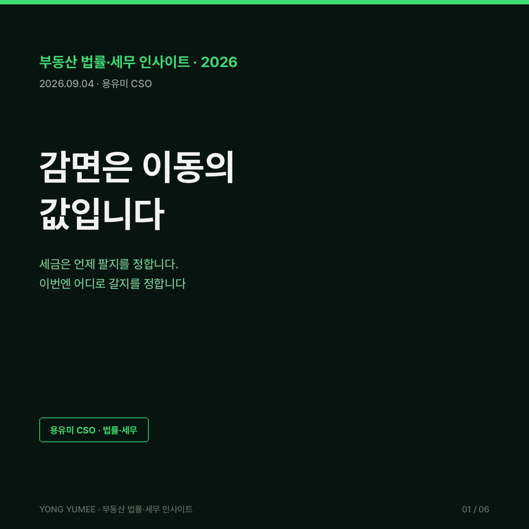 감면은 이동의 값입니다 5억이 3억이 되는 2년 고령 1주택 이주 감면의 실질 K-RLX Index 부동산 법률 세무 인사이트 2026년 세제개편안 세법개정안 2026년 8월 3일 의결 만 65세 이상 1주택자 수도권 주택 양도 비수도권 이주 양도소득세 감면 2027년 50퍼센트 최대 5억원 2028년 30퍼센트 최대 3억원 2027년 1월 1일부터 2028년 12월 31일까지 2년 한시 5년 이상 거주 직전 2년 계속 거주 요건 직계비속 특수관계인 양도 배제 양도 후 6개월 이내 지방 이주 5년 이내 수도권 주택 취득 또는 재이주 시 감면세액 이자상당가산액 추징 종합부동산세 기본공제 실거주 1주택 12억에서 14억 비거주 1주택 12억에서 9억 양도소득 기본공제 250만원에서 2500만원 10년 이상 거주 30억 이하 1세대 1주택 이탈리아 7퍼센트 연금 정액과세 남부 시칠리아 칼라브리아 사르데냐 인구 3만 이하 지자체 74개 확대 최대 10년 일본 지방창생 이주지원금 도쿄권 세대 100만엔 단신 60만엔 18세 미만 자녀 1인당 100만엔 가산 티부 가설 Tiebout 1956 발로 하는 투표 voting with feet 자본이득세 동결효과 lock-in effect 펠트스타인 슬렘로드 이츠하키 1980 실물옵션 재진입 콜옵션 프리미엄 K-RLX Index R1 자격 R2 시점 R3 락업 R4 착지 R5 잔여 감면율 감가 스케줄 용유미 CSO UAM KoreaTech 한남투자포럼 투자권유 아님 카드뉴스