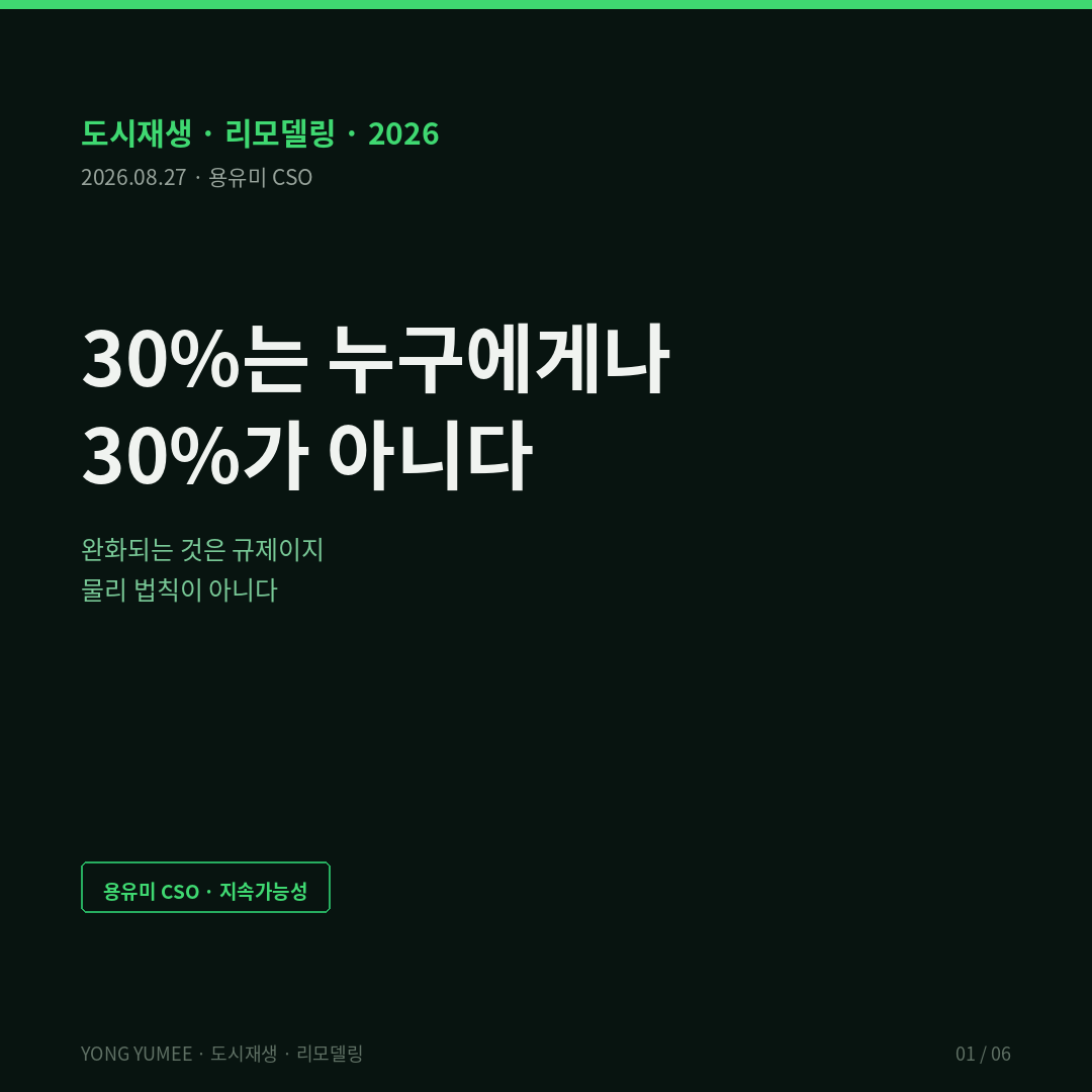 30퍼센트는 누구에게나 30퍼센트가 아닙니다 테헤란로 리모델링활성화구역 증축여력 K-RHX Index 서울시 제18차 건축위원회 2025년 12월 23일 심의 통과 강남구 테헤란로 강남역사거리부터 포스코사거리까지 약 95만제곱미터 준공 후 15년 이상 경과 노후 업무시설 구조 안전성 확보 전제 기존 연면적 최대 30퍼센트 증축 수직증축 층수 높이 완화 용적률 완화 인센티브 선택형 도시정비 전면 철거 대신 구조보강 탄소 저감 자원 절약 도시경관 연속성 건축법 제5조 적용의 완화 건축법 시행령 제6조 제42조 대지의 조경 제43조 공개공지 제46조 건축선의 지정 제55조 건폐율 제56조 용적률 제58조 대지안의 공지 제60조 건축물의 높이제한 제61조 제2항 공동주택 채광 확보 노후건축물 60퍼센트 이상 지역 세빌스코리아 2026년 2분기 서울 프라임 오피스 평균 명목임대료 3.3제곱미터당 13만1300원 전년 동기 대비 4.9퍼센트 상승 강남권역 GBD 13만6200원 6.3퍼센트 상승 도심권역 CBD 13만5200원 1997년 조사 개시 이후 최초 역전 강남권역 공실률 3개 분기 연속 1.7퍼센트 프라임 오피스 공실률 4.2퍼센트 0.2퍼센트포인트 상승 도심권역 6.0퍼센트 CBRE코리아 A급 오피스 평균 공실률 4.2퍼센트 1.4퍼센트포인트 상승 신규 임대차 면적 14만3881제곱미터 Flight to Quality 싱가포르 URA CBD Incentive Scheme 앤슨로드 세실스트리트 셴턴웨이 로빈슨로드 탄종파가 준공 20년 이상 노후 오피스 주거 호텔 복합 전환 총용적률 GPR 상향 CBD Incentive Scheme 2.0 2025년 2월 회람 영국 M&S 옥스퍼드 스트리트 2023년 내재탄소 사유 불허 2024년 3월 고등법원 취소 2024년 12월 철거 신축 허가 리트로핏 우선 논쟁 최유효이용 Highest and Best Use 법적 허용성 물리적 가능성 경제적 타당성 최고 수익성 Yield on Cost Cap Rate NOI CapEx 실질임대료 Effective Rent Tenant Retention 잔여내력비 SHR 코어병목지수 CBI K-RHX 5단계 게이트 법적 게이트 구조 게이트 코어 게이트 경제 게이트 임차 게이트 도시재생 리모델링 노후 자산 가치 재창출 리퍼포징 용유미 CSO 카드뉴스