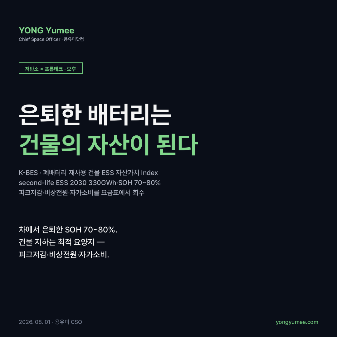 전기차 폐배터리 재사용 건물 ESS 카드뉴스 second-life battery 2030 330GWh SOH 70 80% B2U 28MWh 닛산 혼다 9500가구 재사용전지 KC 재생원료 인증 피크저감 비상전원 자가소비 K-BES 지수 저탄소 녹색성장 프롭테크
