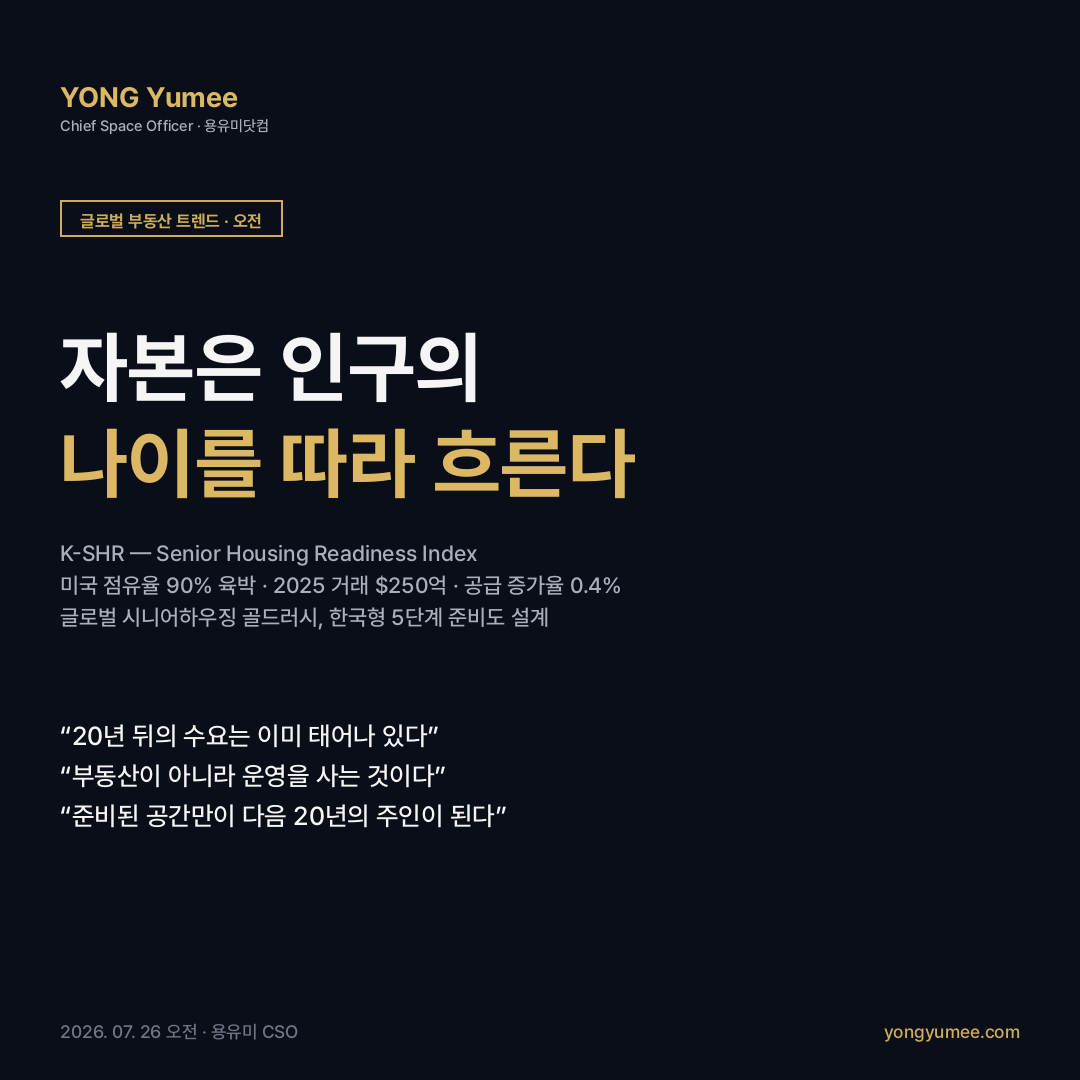 시니어하우징 실버타운 시니어 레지던스 글로벌 투자 카드뉴스 미국 점유율 90% NIC MAP 거래 250억 달러 공급 0.4% 노인복지주택 침투율 0.1% 크로스보더 자본 헬스케어 리츠 웰타워 개호보험 J-REIT 초고령사회 실버스테이 분양형 실버타운 K-SHR 지수 글로벌 부동산 트렌드