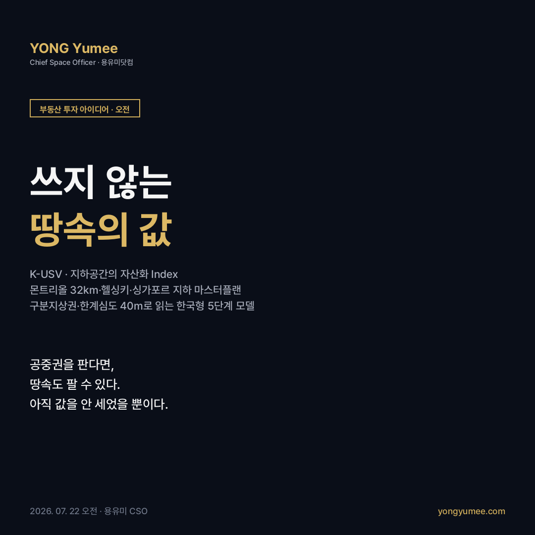 지하공간의 자산화 K-USV Index 구분지상권 민법 289조의2 한계심도 40m 대심도 보상 0.2% 몬트리올 RÉSO 32km 지하도시 헬싱키 지하 마스터플랜 2010 싱가포르 지하개발 2019 마리나베이 지역냉방 40% 코엑스몰 공동구 부동산 투자 아이디어 카드뉴스