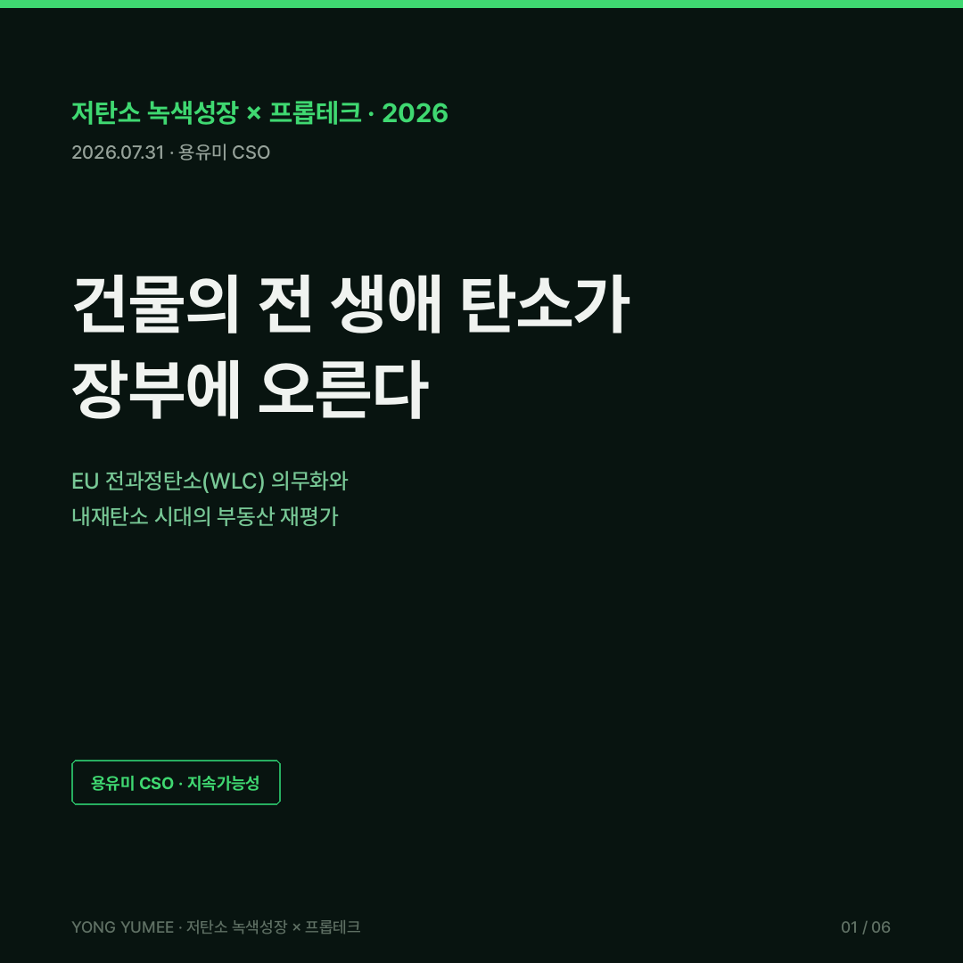 건물 전 생애 탄소 WLC 내재탄소 카드뉴스 EU 위임규정 2026/52 전과정 GWP 2028 2030 의무 그린 프리미엄 LEED 20% BREEAM Excellent 10.5% JLL ZEB 5등급 의무화 2025.12 그린리모델링 EPD 환경성적표지 K-WLC 지수 저탄소 녹색성장 프롭테크
