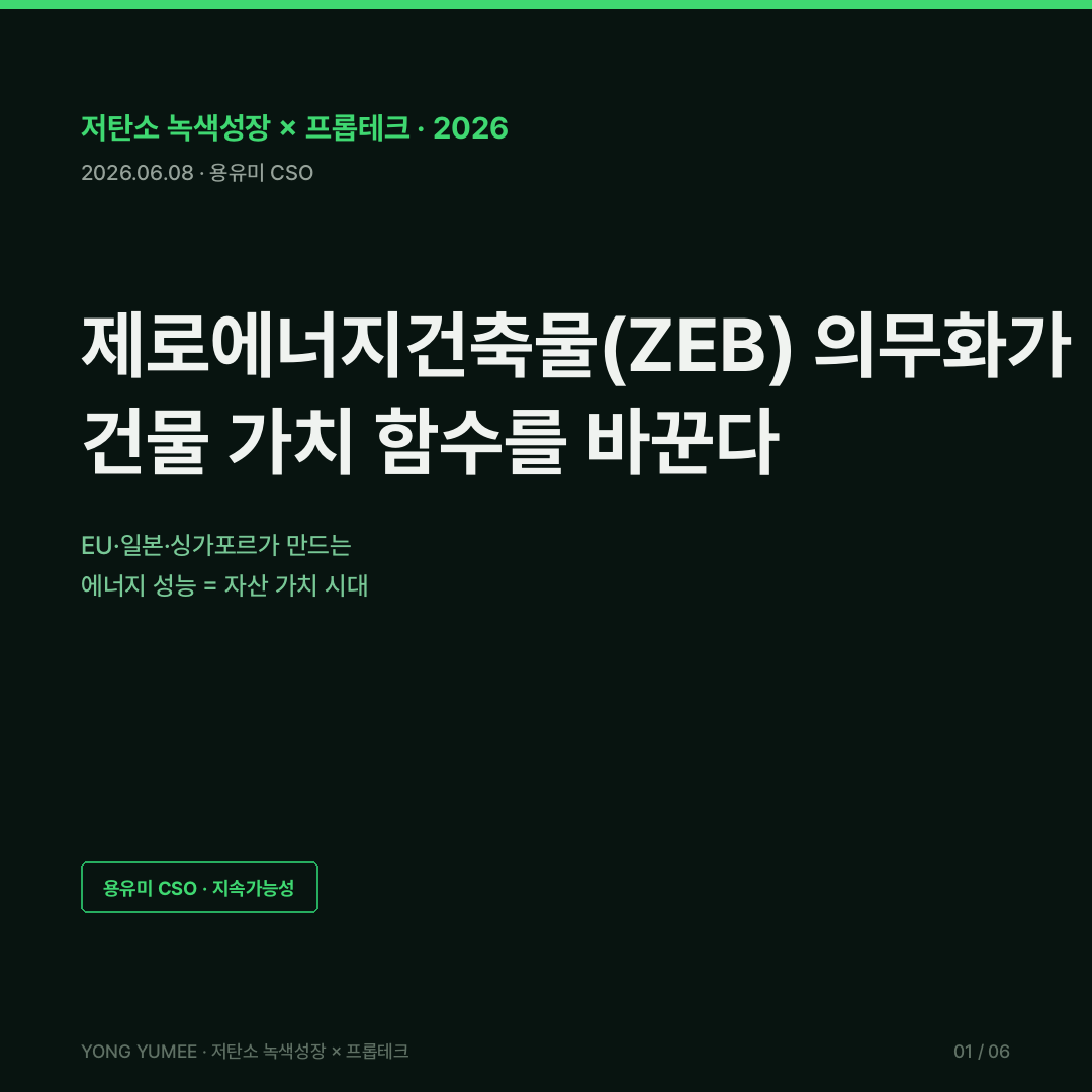 제로에너지건축물 ZEB 의무화 디지털트윈 BEMS K-ZEB Operational Premium Index 저탄소 녹색성장 프롭테크 카드뉴스
