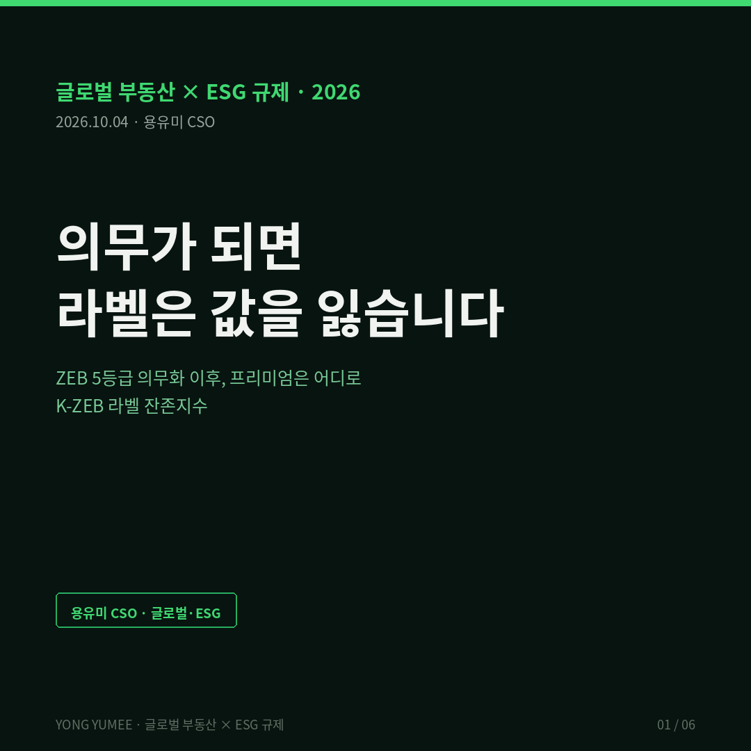 의무가 되면 라벨은 값을 잃습니다 — ZEB 인증 의무화와 라벨 잔존지수 (K-ZEB Index) 글로벌 부동산 트렌드 제로에너지건축물 ZEB 인증 의무화 2025년 12월 연면적 1000제곱미터 민간 건축물 5등급 신호이론 Akerlof Spence Grossman EU EPBD 일본 건축HUB 한국에너지공단 건물에너지 API 국토부 실거래가 K-ZEB 라벨 잔존지수 반증 조건 가장 약한 고리 면책 투자권유 아님 용유미 CSO 카드뉴스