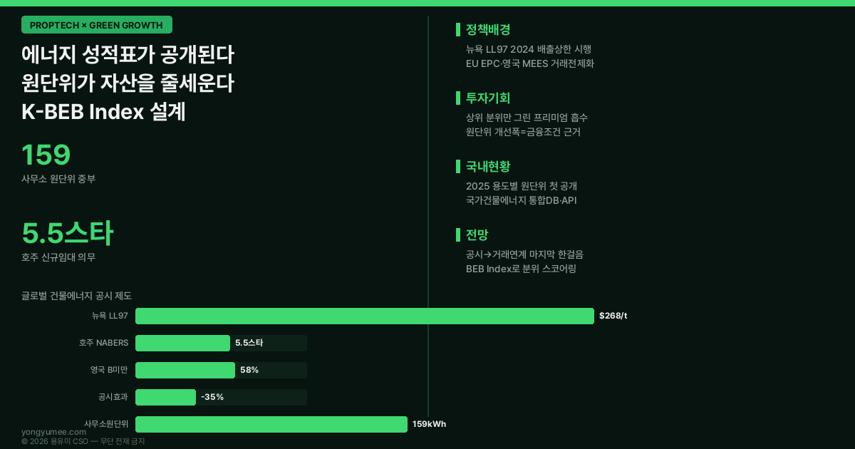 건물에너지 벤치마킹 공시 뉴욕 LL97 EU EPC 호주 NABERS 용도별 원단위 K-BEB Index 저탄소 녹색성장 인포그래픽