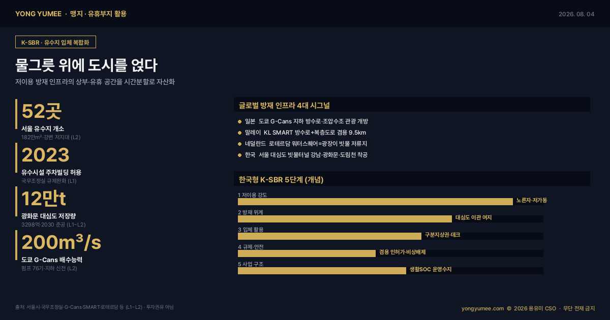 저이용 유수지 방재 인프라 입체 복합화 인포그래픽 서울 유수지 52곳 182만㎡ 2023 주차전용빌딩 허용 규제완화 신월빗물저류배수시설 600세대 침수방지 대심도 빗물배수터널 강남 광화문 12만 톤 3298억 도림천 4.54km 지하 40 50m 도쿄 G-Cans 200㎥/s 펌프 76기 지하 신전 쿠알라룸푸르 SMART 터널 복층 도로 겸용 로테르담 워터스퀘어 구분지상권 공중권 시간분할 최유효이용 생활SOC K-SBR 지수 맹지 유휴부지 활용
