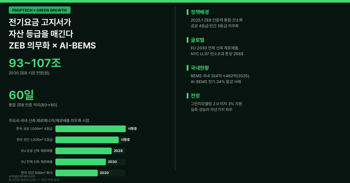 제로에너지건축물 ZEB 의무화 통합 인증제 에너지효율등급 공공 4등급 민간 5등급 EUI 에너지자립률 AI-BEMS 건물에너지관리시스템 EU EPBD 2028 2030 제로배출 뉴욕 Local Law 97 톤당 268달러 일본 싱가포르 그린리모델링 2.0 BEMS 시장 482억 에너지공단 국토부 공공데이터 K-OEI 운영에너지 지수 저탄소 녹색성장 프롭테크 인포그래픽